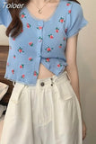 Knitted Cardigan Crop Top Women Summer 2023 Floral Lace Patchwork Shirt Single Breasted Cute T Shirts Short Sleeve