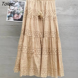 Boho Elegant White Long Skirt Women Hook Flower Hollow Folds Hem High-waisted Skirts Casual Holiday Female Clothes