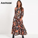 Floral Print Long Maxi Dress Women Casual Turn Down Collar Shirt Dress Three Quarter Sleeve Bohemian Sashes