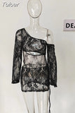 Fashion Women's Dress New One-shoulder Long Sleeve Patchwork Lace Slim Hollow Out Dresses Female Tide Summer 2023