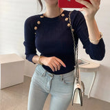 Autumn and Winter Fashion Korea Sweater Women Elegant Buttons Cotton Lady T-shirt Pullover Bottoming Knitted Sweater