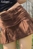 Pleated Mini Denim Skirt Women High Waist A Line Brown Micro Skirt Femme Girls Hot Jeans Skirts Grunge Bottom