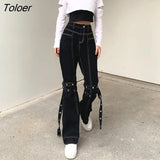 Eyelet Buckle Black Punk Goth Jean Fashion Woman Techwear Dark Academic Print Egirl Cargo Pants High Waist Denim