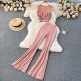 Women Summer Two Pieces Sets Sleeveless Slim Short Tops+High Waist Wide Legs Long Pants Fashion Long Two Piece