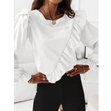and Autumn Long Sleeve Ruffles Blouse Women Tops Loose Chiffon Shirt 2022 Korean Office O-neck Solid Fashion Blouse