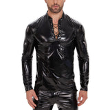 Toloer Men's PU Mirror Bright Leather Long Sleeve Casual Coat Black Slim Strap Stand-Up Collar Leather Jacket-Outfit