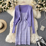 Autumn Plaid Knitted Two Pieces Suits Women Long Sleeve Knit Cardigan+Slim Short Camis Dress Sweater Dress Sets