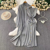 Temperament Long Knitted Shawl Coat + Light Luxury Metal Buckle Vest Dress