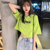 Sleeve T-shirts Women Letter Printed Crop Top Soft All-match Korean Style Womens Tees Students Chic Loose Retro