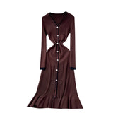 Small-Sized Famous Woman Hit The Color V-Neck Long Sleeve Single Buckle Waist Knitted Dress Women With Fish