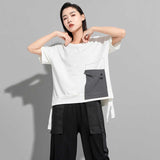 Women Black Big Size Plaid Pocket Button Ribbon T-shirt Round Neck Short Sleeve Fashion Tide Spring Summer 2023
