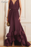 Backless Sleeveless Solid Dresses For Women Deep V Neck High Waist Ruffles Hem Draped Dress Female Summer 2023 Clothing