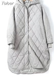 MODA 2023 Women Loose Warm Mid-length Hooded Cotton Jacket Quilted Coat Ladies Pattern Parka Casual Female Chic Thick
