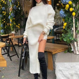 Women Sweater Dress Set 2021 Winter Knitted Two Piece Set Long Sleeve Loose Turtleneck Sweater Top And Split Long
