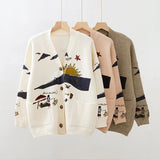 Autumn White Cotton Knitted Cardigan Sweater Women Coat 2022 Print V-Neck Pockets Female Jumpers Casaul Buttons Women