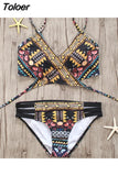 chest cross straps split swimsuit women's ethnic print sexy bikini bikini