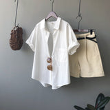 Basic Green Shirts for Women Summer Turn-down Collar Office Ladies Loose Short Sleeve Blouse Female Tops Blusas
