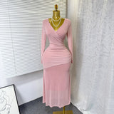 New Sexy Cross-Dress V-Neck Long Sleeves Elastic Mesh Hot Diamond Dress Female Elegant