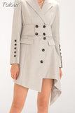 Fashion Women's Blazer Notched Collar Double Breasted Long Sleeve Belt Waist Gray Long Suit Jackets Spring 2023 New