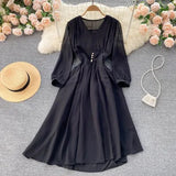 Autumn Vintage V-Neck Chiffon Dress Women Elegant Puff Long Sleeve High Waist Purple/Green/White Robe Female Casual Vestidos