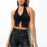 Fashion Women Lace Up Halter Black Tank Tops Sexy Sleeveless Drawstring Slim Fit Crop Top Club Summer Camis