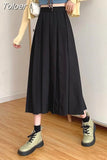 Vintage Brown Pleated Long Skirts Women Korean Fashion High Waist Chic Elegant A-line Midi Skirt for Girls Preppy