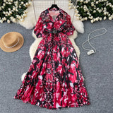 Summer Dress New Niche Light Familiar Wind V To Receive Waist Thin Temperament French Pressure Folding Printing Chiffon