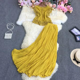 New Spring Autumn Fashion O-neck short sleeve lace patchwork Shirt Top + high waist mid-length pleated Skirt two-piece
