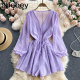 Women Dot Chiffon Rompers Long Sleeve V Neck Casual Loose Overalls Jumpsuits Summer Korean Wide Leg Beach