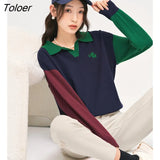 Women Sweaters 2022 Autumn Long Sleeves Polo Neck Loose Knitted Pullover Contrast Color Warm Comfort Casual Chic