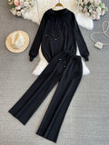 Suit Women's Korean Version Of Loose Knitted Hoodie Two Sets Of Leisure High-Rise Thin Straight Broad Leg