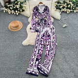 Fashion Positioning Print Strapping Belt Collar Long Sleeve Top Female High-Waist Broad Leg Straight Trousers