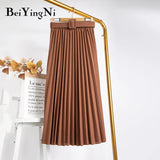 Korean Style Pleated Midi Skirt Women Casual New Fashion High Elastic Waist Skirts Black Pink Elegant Skirt Belt