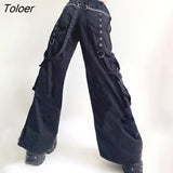 Eyelet Buckle Black Punk Goth Jean Fashion Woman Techwear Dark Academic Print Egirl Cargo Pants High Waist Denim