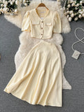 Elegant Women Set Summer 2022 Gentle Fashion V Neck Button Blouse Zipper Ruched A Line Long Skirt Slim Two Piece