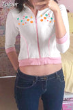 Kawaii Hoodie Pink Patchwork Zipper Floral Print Hooded Sweatshirt Sweet Zipper Jacket White Y2K Cardigan Women