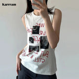 Vintage Grunge Ribbed Tank Tops Korean Fashion Graphic Tanktops Knitted Japanese Harajuku White Tops Punk Streetwear
