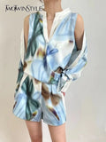 Casual Print Two Piece Set For Women V Neck Long Sleeve Cut Out Tops High Waist Short Pants Colorblock Sets