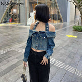 Ropa Mujer Harajuku Blue Jean Jacket Woman Sexy Slash Neck Tunic Y2k Tops Streetwear Outwear Fashion Casual Korean