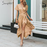 Party Leopard print party dress Sexy V-neck short sleeves dots wrap dress Women elegant split lace ruffled belt long