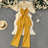 Summer Women Sexy Two Piece Set Beach Criss-Cross V-Neck Spaghetti Strap Tops + Wide Leg Pants Red/Yellow/Purple Suits