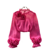 Shirt Female Design Sense Small Three-Dimensional Flower Bubble Sleeves To Reduce The Age Of Pure Color Chiffon Shirt Women's Long-Sleeved