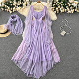 Mesh Patchwork Chiffon Long Dress Scarf Long Sleeve Slim Beach Holiday Ladies Vinage Court Style Waist Autumn