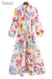 2023 Summer Women Vintage Floral Print Dress With Bow Female Sashes Midi Shirt Dress Chic Casual Slim Vestidos