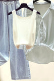 Chiffon Shirt Elastic Waistcoat Wide Leg Jeans Three-piece Elegant Women Pants Set Summer Outfits Street