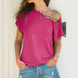 Explosion Casual Slanted Shoulders Cross Irregular Short-Sleeved Print Women