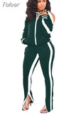 Winter Two Piece Set Tracksuit For Women Long Sleeve Striped Coat And Skinny Pants Sweat Suits Casual Sportswear