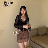 Y2k Sexy Long Sleeve Crop Tops Black Shirts 2 Piece Set Irregular Mesh See Through Cardigan and Camis