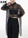 Women Black Irregular Perspective Mesh Big Size Blouse New Lapel Long Sleeve Shirt Fashion Tide Spring Autumn 2023