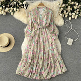 Fashion Summer Maxi Dress Women's Printed Sundress Casual Long Sleeve Vestidos Female High Waist Robe